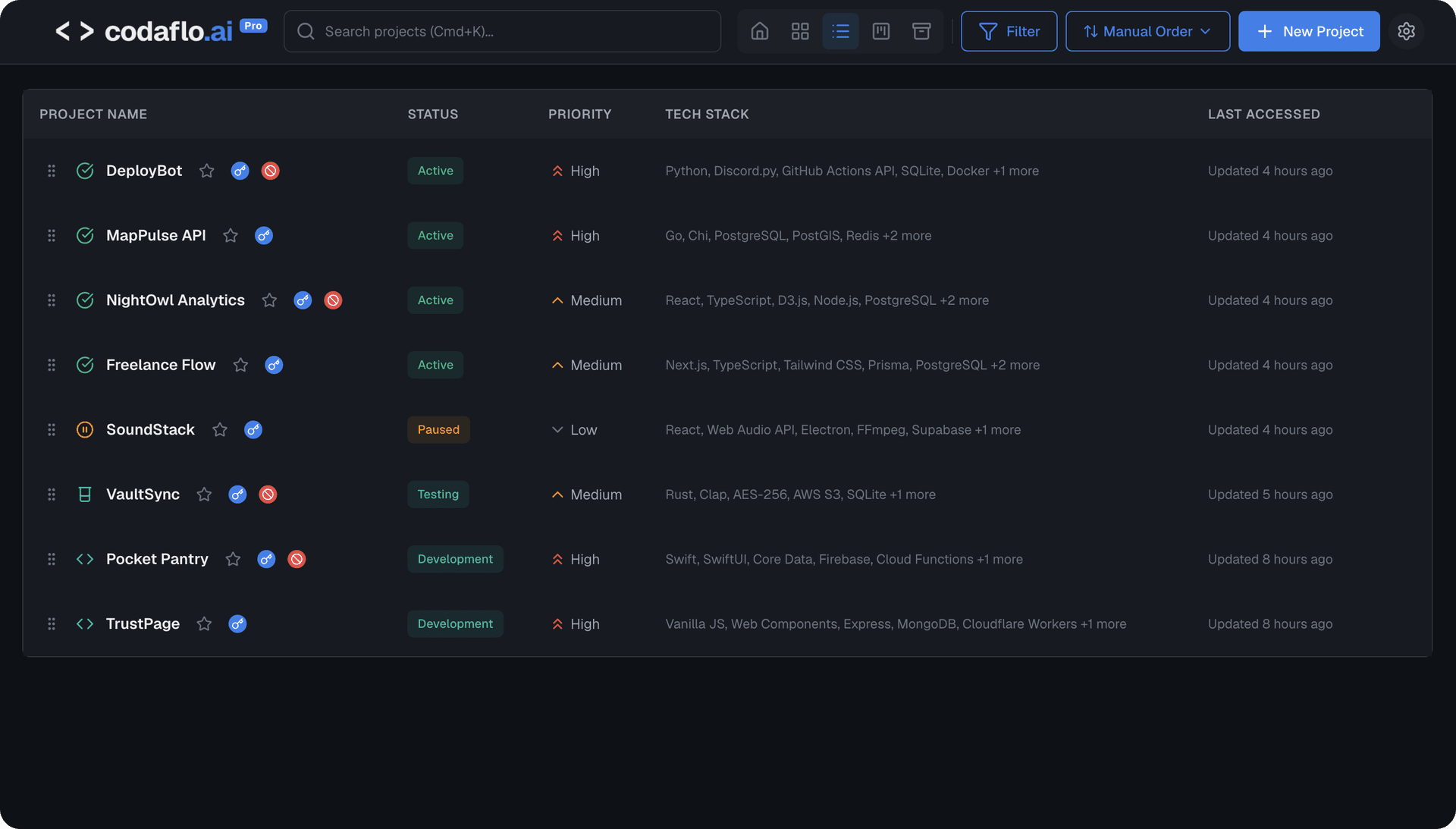 Project dashboard with list view showing status, priority, and tech stack
