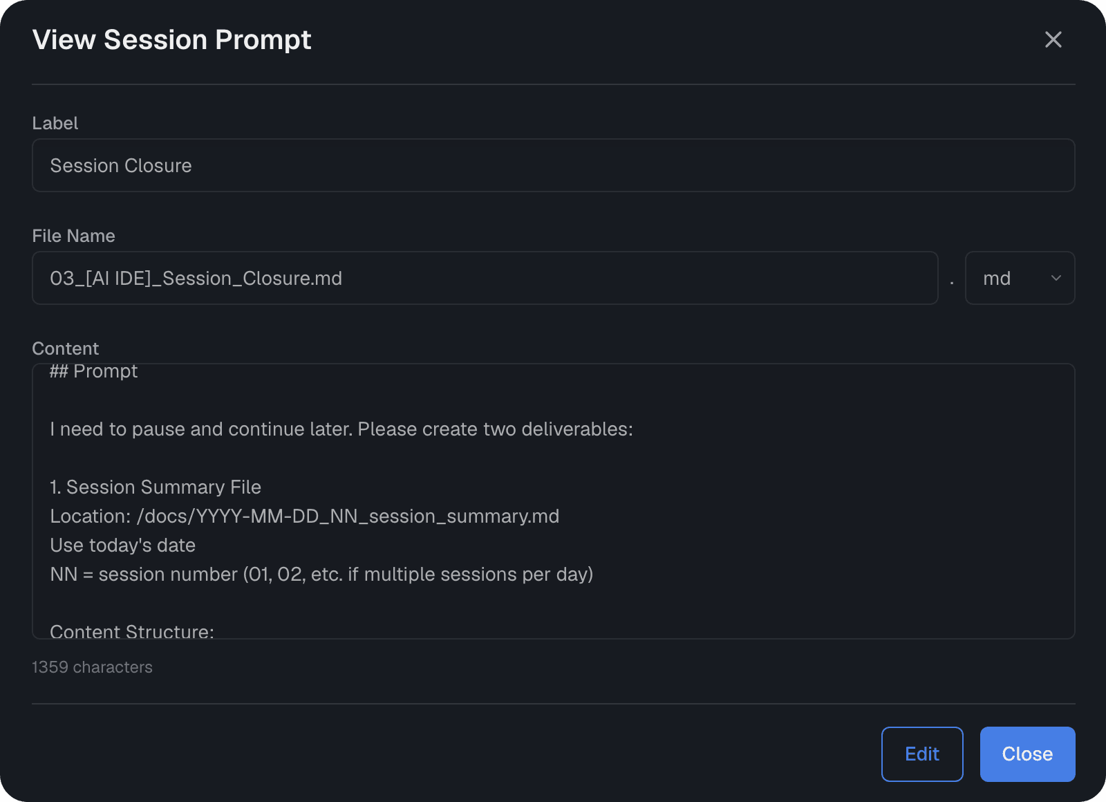 Session continuity showing closure summaries and continuation prompts